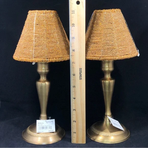 Set of 2 GOLD-TONED TEA-LIGHT CANDLE LAMPS with GOLD COLORED BEADED LAMPSHADES - Picture 2 of 16